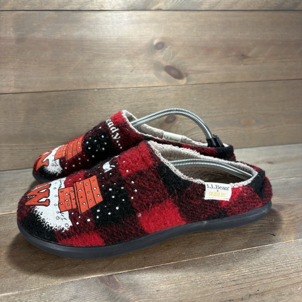 ll bean daybreak womens size 11 shoes red plaid snoopy slip on comfort slippers